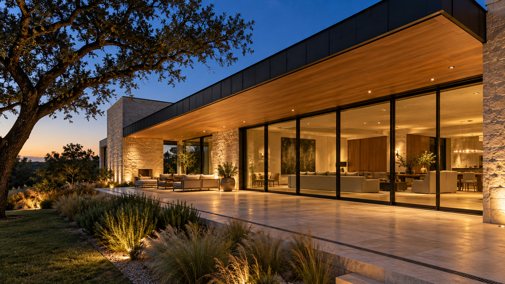Texas custom home at dusk with a deep roof overhang shading a full wall of large glass doors