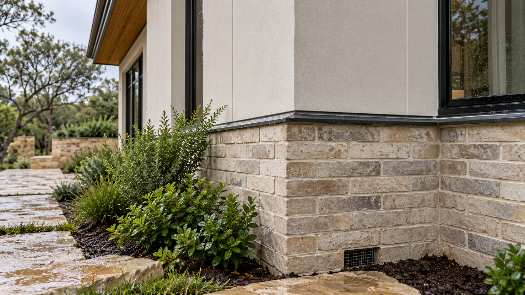 Detail of a brick base course meeting fiber cement panels with metal flashing