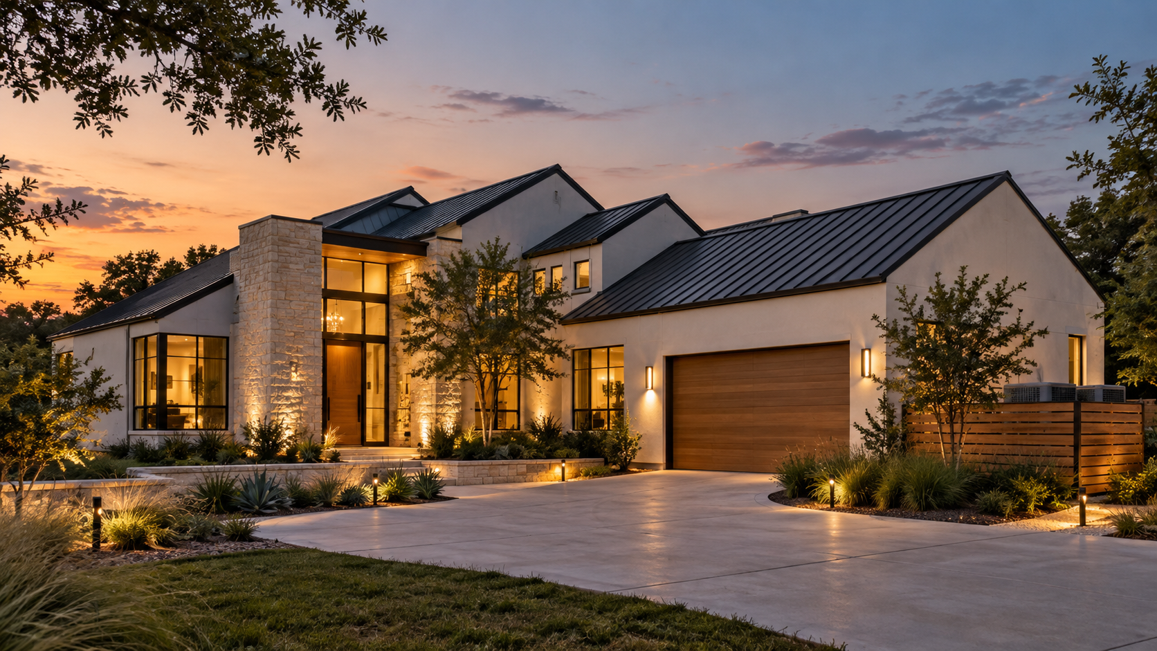 Hidden condenser units behind a cedar slat screen at a luxury Texas home