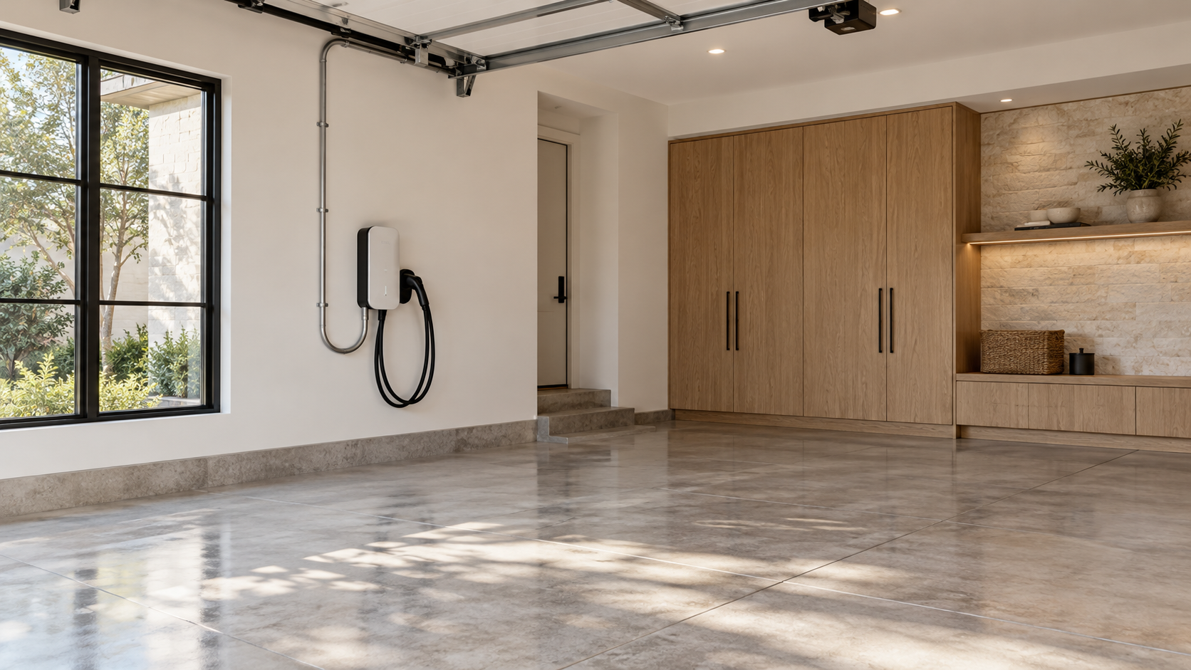 Garage with a wall-mounted EV charger and neat conduit
