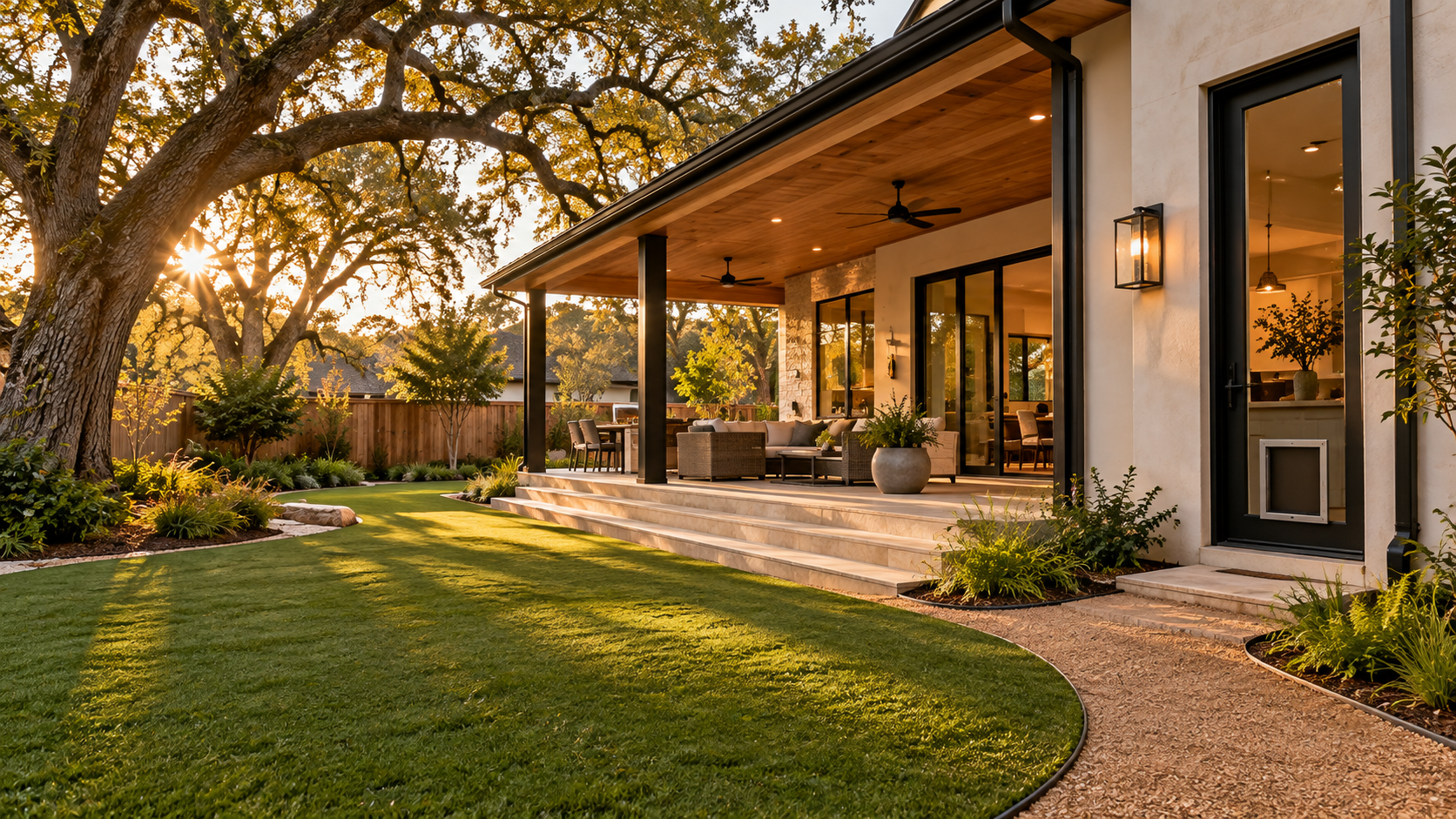 Back entry with pet door and fenced yard at a custom home