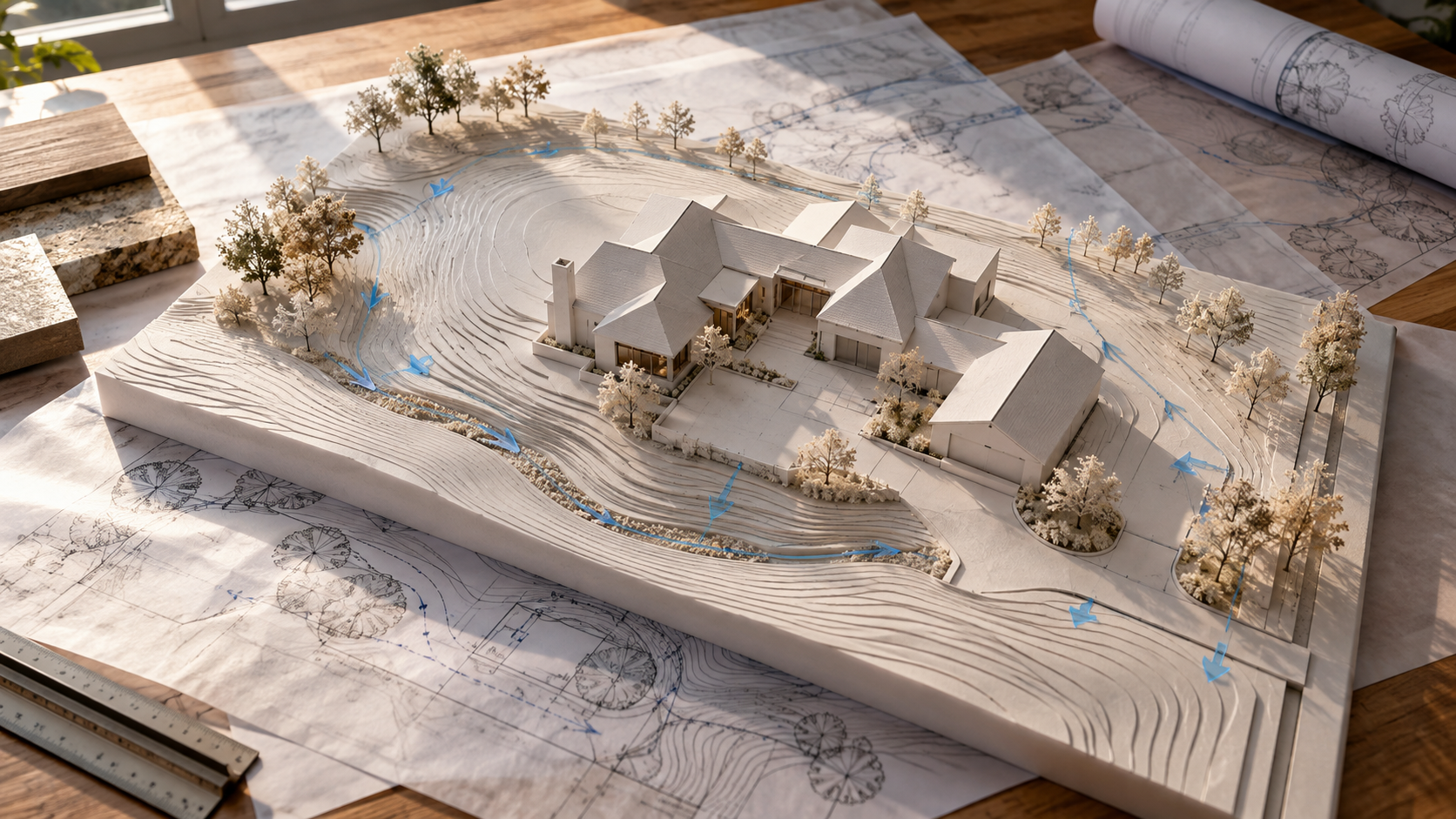 Site model showing contour lines and water flow around a custom home