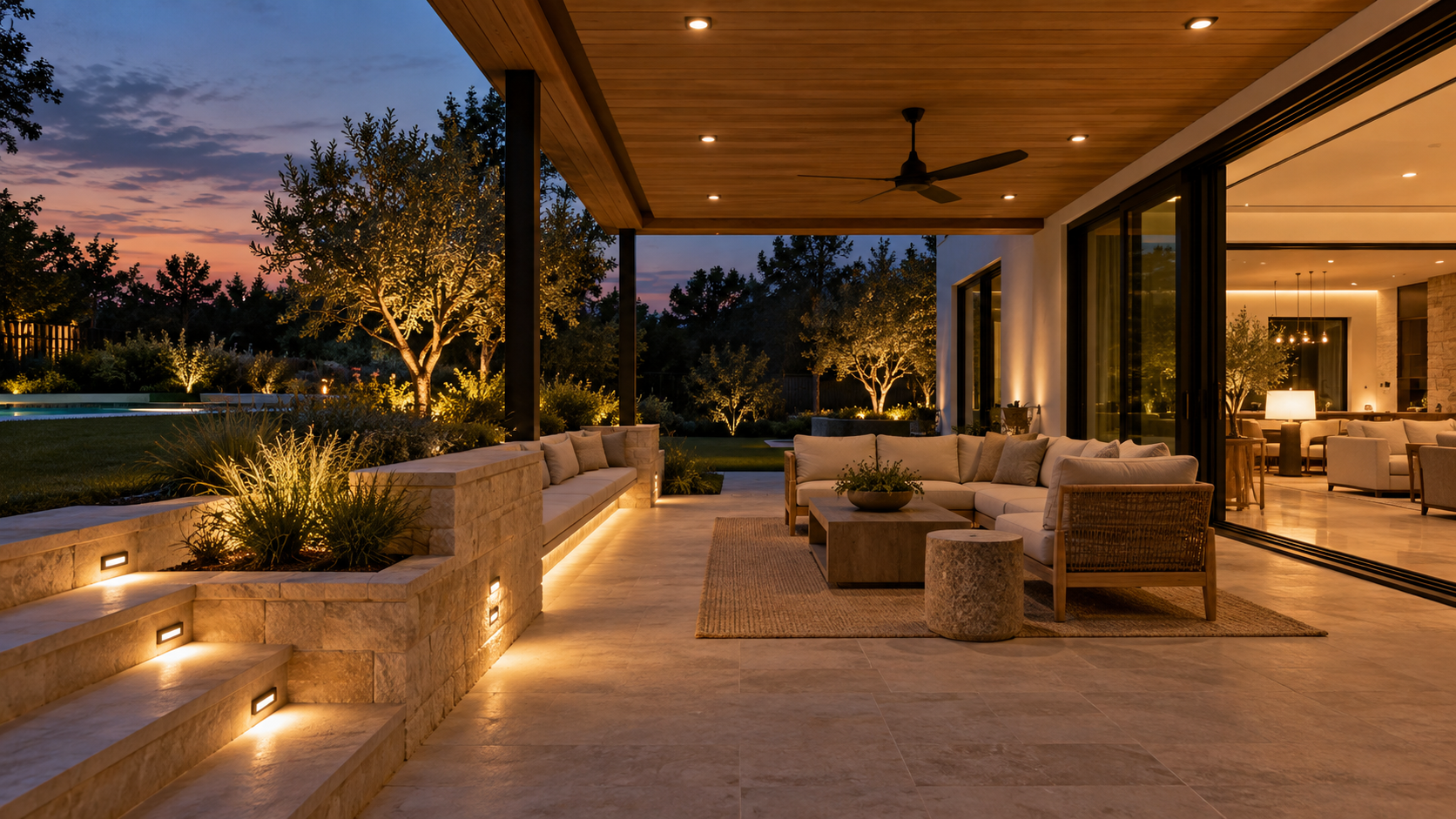 Covered terrace at dusk with recessed downlights, step lights, and a softly lit garden