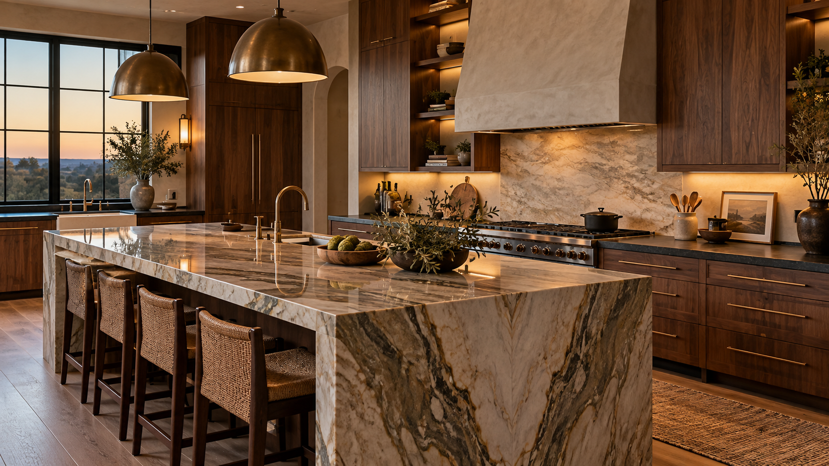 Kitchen pairing a durable perimeter countertop with a statement stone island